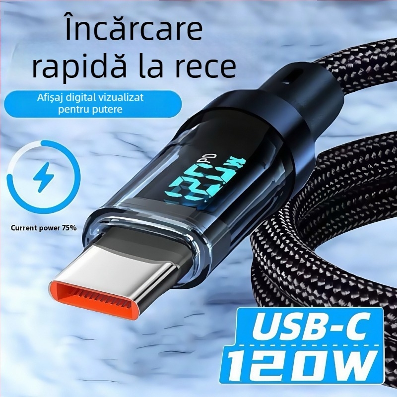 Cablu USB-C textil pentru încărcare, oprire automată, 60W max, lungime 1–2 m