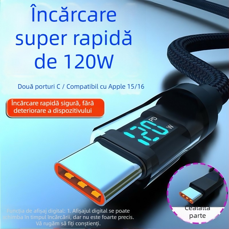 Cablu USB-C textil pentru încărcare, oprire automată, 60W max, lungime 1–2 m