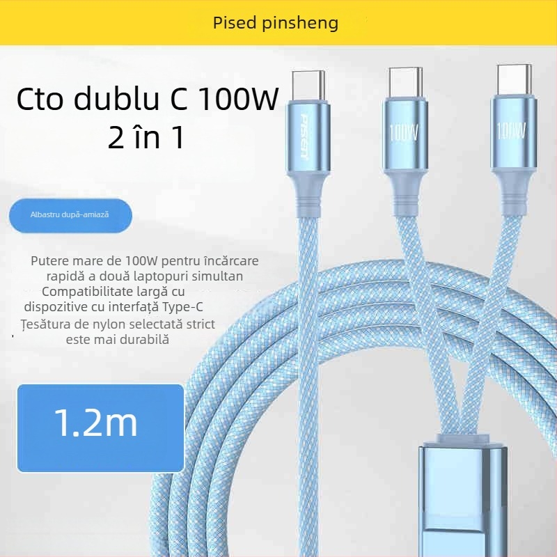 Pisen cablu 2-in-1 Type-C către 2C, încărcare rapidă 100W, nylon împletit, conector unic