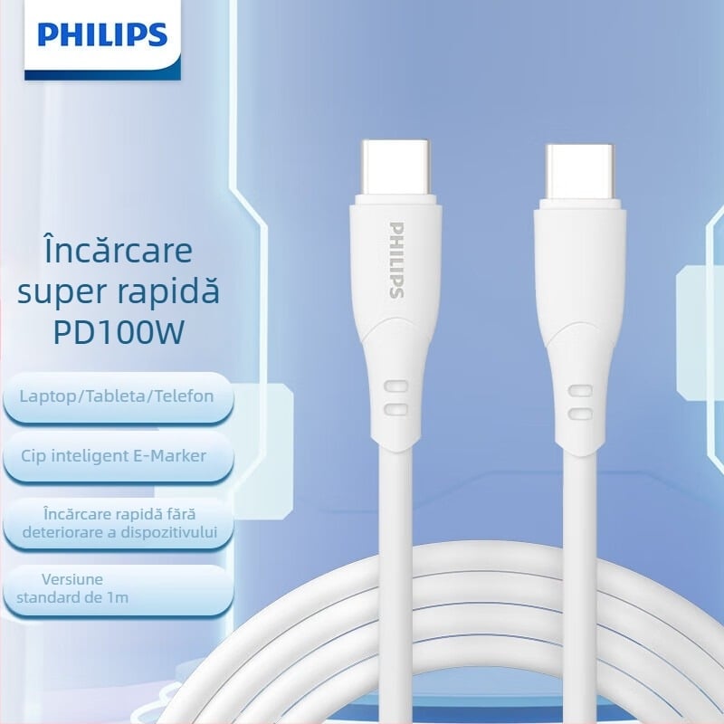Cablu Philips USB-C pentru încărcare rapidă și transfer de date, PD 100W, lungime 1–2 m