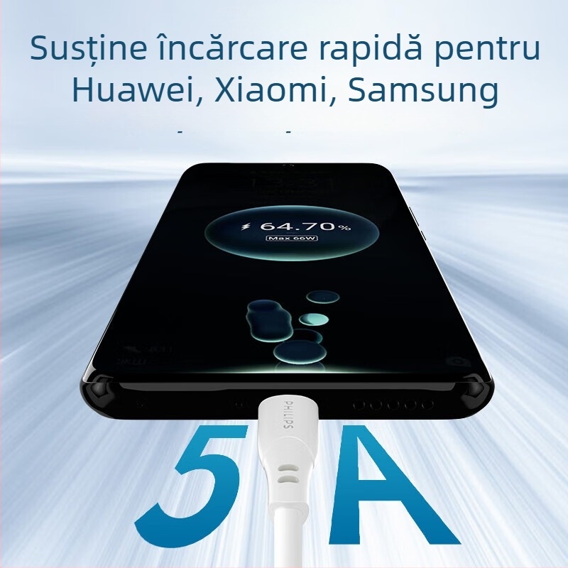 Cablu Philips USB-C pentru încărcare rapidă și transfer de date, PD 100W, lungime 1–2 m