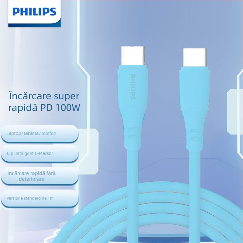Cablu Philips USB-C pentru încărcare rapidă și transfer de date, PD 100W, lungime 1–2 m