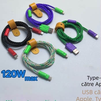 Cablu de date din silicon cu conectori Lightning și USB-C, lungime 1–2 m, încărcare rapidă, putere maximă 100 W, design cu un cap