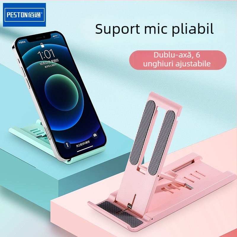 Suport de birou pentru telefon mobil și tabletă, pliabil, compact, mecanism push-pull, plastic