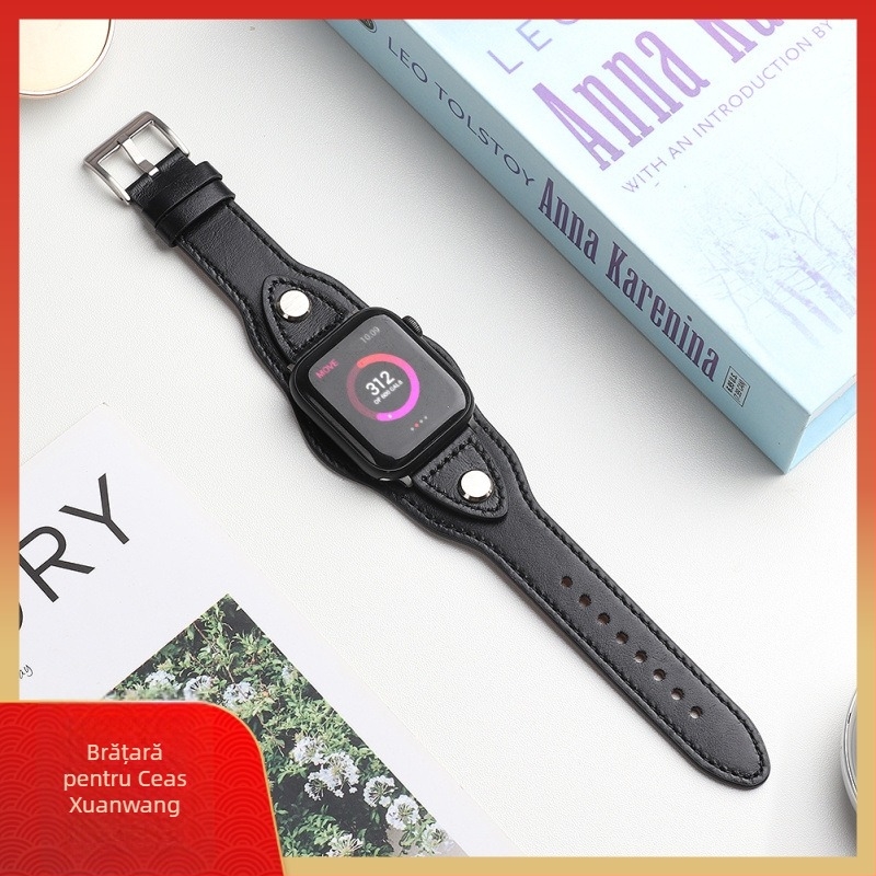 Brățară Apple Watch din piele naturală, cu cap nituit, lățime 22 mm, cataramă cu pin, FOHUAS, 23,6 g