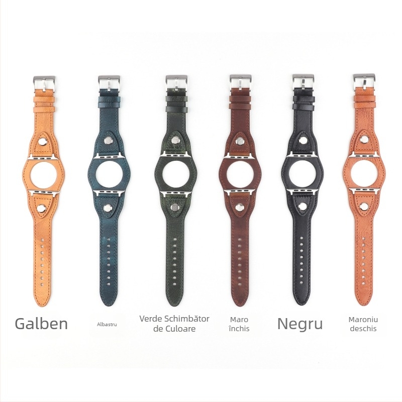 Brățară Apple Watch din piele naturală, cu cap nituit, lățime 22 mm, cataramă cu pin, FOHUAS, 23,6 g