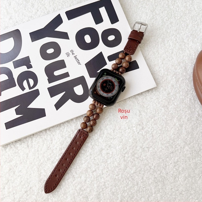 Brățară din piele naturală pentru Apple Watch, cu mărgele din lemn, stil la modă, închidere cu cataramă cu pin
