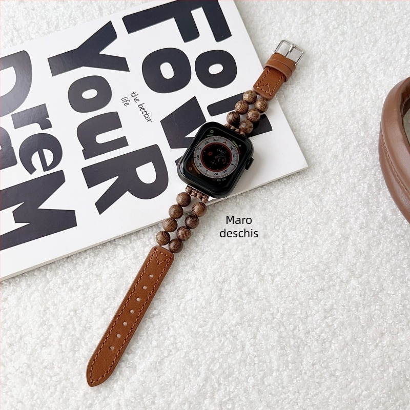 Brățară din piele naturală pentru Apple Watch, cu mărgele din lemn, stil la modă, închidere cu cataramă cu pin