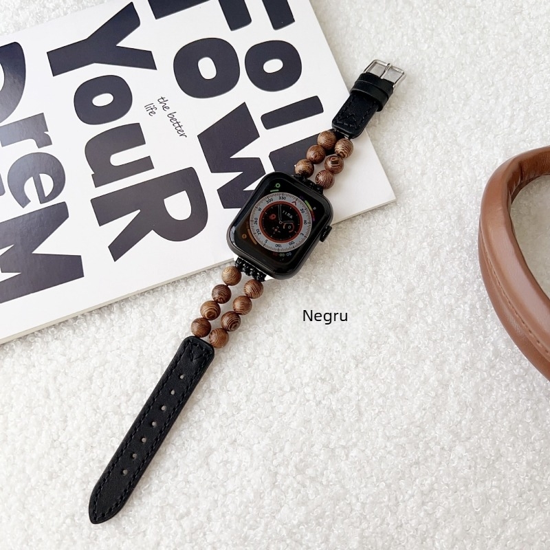 Brățară din piele naturală pentru Apple Watch, cu mărgele din lemn, stil la modă, închidere cu cataramă cu pin