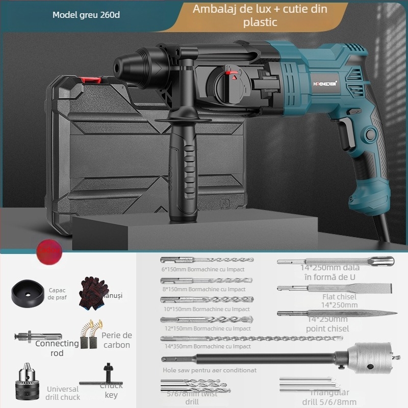 Hengpeng ciocan fuzor electric – 220V, alimentare la priză, 3 moduri: găurire cu ciocan / găurire plată / daltă