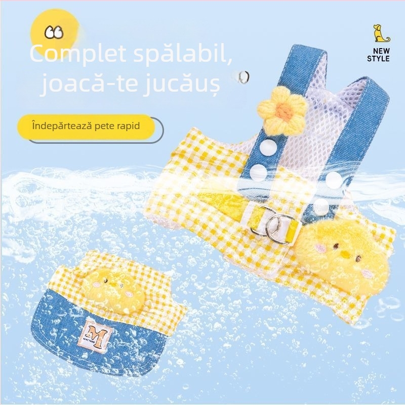 Set de haine pentru câine vara cu hamă piept-spate și lesă și pălărie de protecție solară (Material: fleece coral; Categoria: îmbrăcăminte pentru animale)