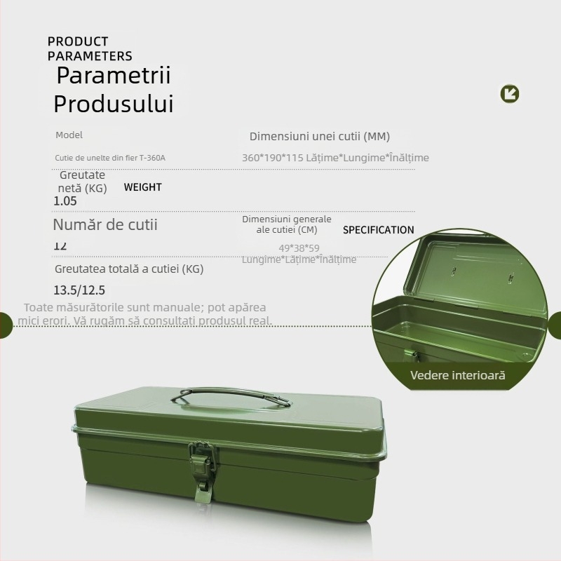Klip Cutie metalică pentru unelte, seria T-360A, tip portabil cu un singur strat, cutie de unelte multifuncțională pentru casă și mașină