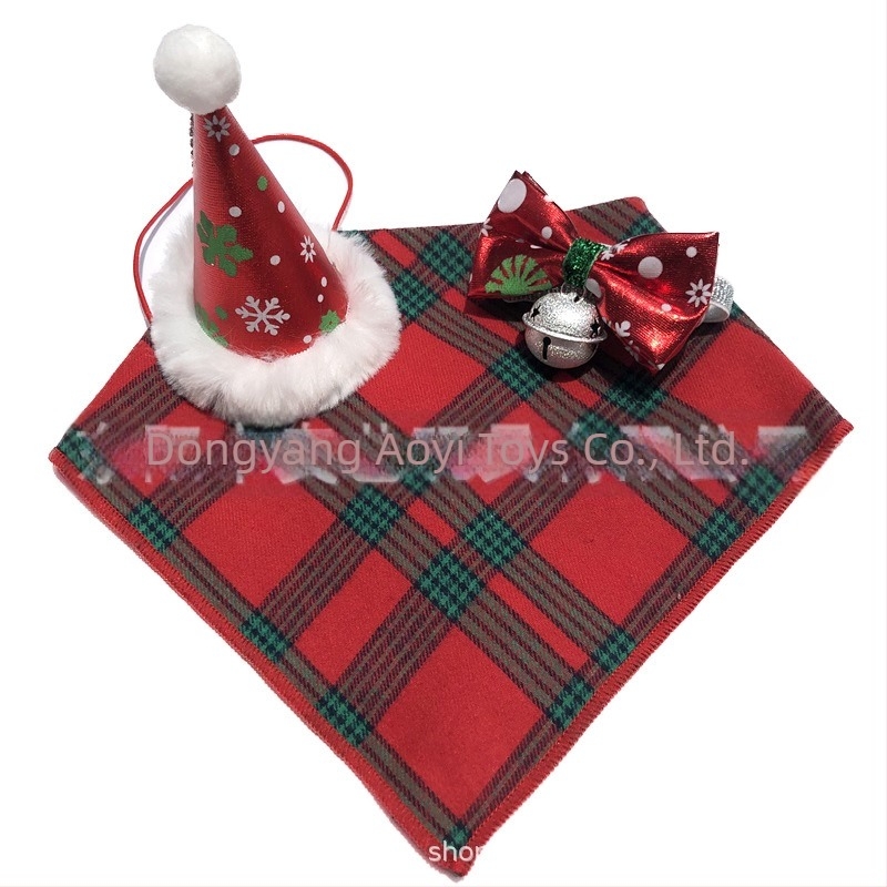 Set de accesorii de Crăciun pentru animale – pălărie de Crăciun pentru pisici și câini, eșarfă triunghiulară, papion, bavă de saliva (Pattern: Plaid; Material: Polyester; Împletire: Twill; Prelucrare: Jacquard; Sezon: Winter)