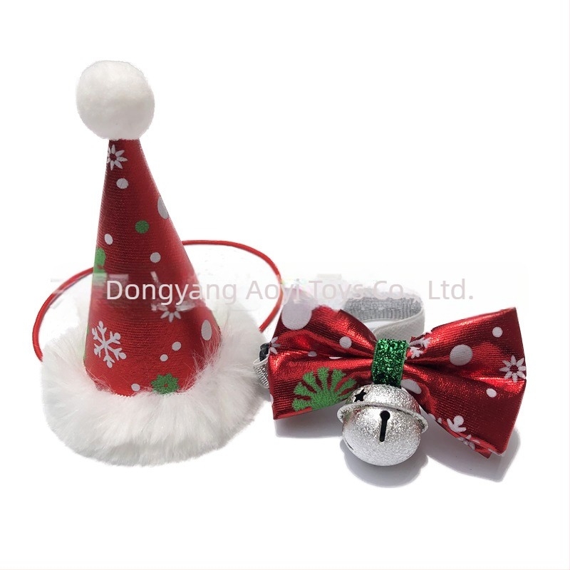 Set de accesorii de Crăciun pentru animale – pălărie de Crăciun pentru pisici și câini, eșarfă triunghiulară, papion, bavă de saliva (Pattern: Plaid; Material: Polyester; Împletire: Twill; Prelucrare: Jacquard; Sezon: Winter)