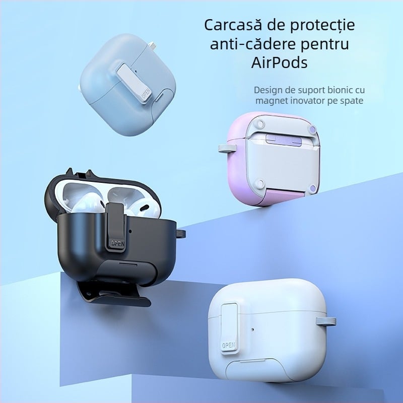 Carcasă de protecție compatibilă cu AirPods Pro 3 și Pro 2, cu fereastră pop-up; carcasă din TPU și PC, cataramă din aliaj de aluminiu; design portabil, husă moale