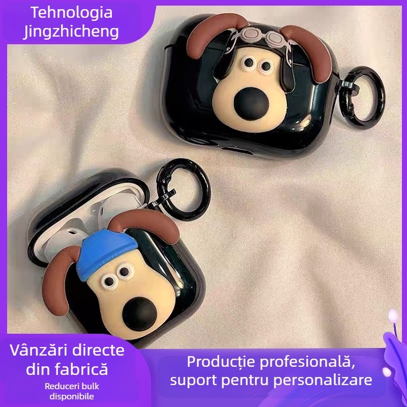 Carcasă de protecție TPU pentru Apple AirPods Pro 2, design 3D cu un câine desene animate, portabilă, stil all-in-one, adeziv