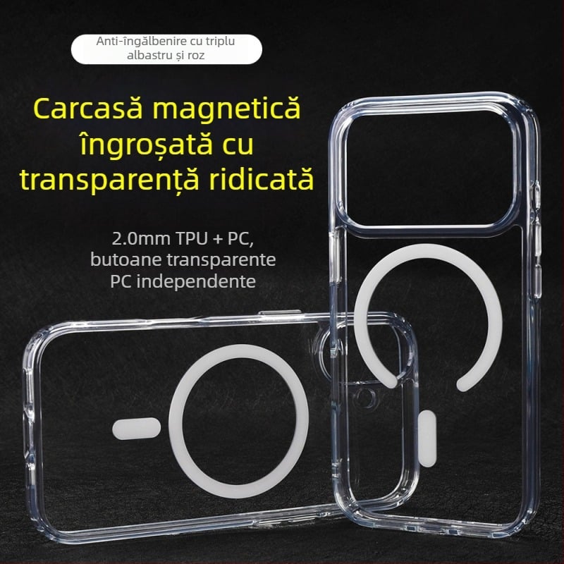 Husă transparentă magnetică pentru iPhone 17 Pro, două în unu, protecție anti-cădere, cadru întărit, decupaj mare
