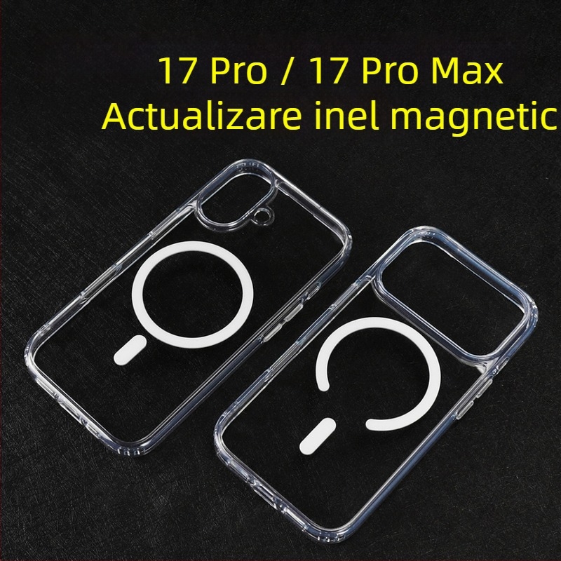 Husă transparentă magnetică pentru iPhone 17 Pro, două în unu, protecție anti-cădere, cadru întărit, decupaj mare