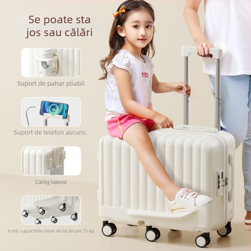 Valiză pentru copii, 20 inch, cu șezut pentru plimbare, troler cu roți