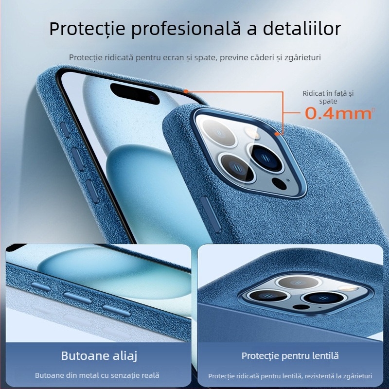 Husă de protecție Alcantara, cu magnet pentru iPhone 16 Pro Max — acoperire completă, protecție împotriva căderilor, disipare a căldurii, anti-amprentă, realizată manual