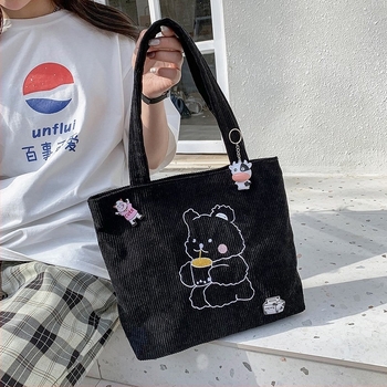 Geantă de umăr din corduroy, cu motiv urs, formă orizontală pătrată, închidere cu fermoar, buzunar intern pentru telefon