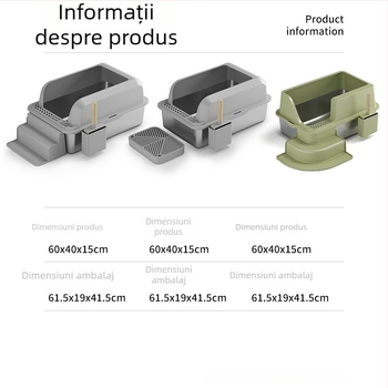 Cutie de nisip pentru pisici din oțel inoxidabil cu lopățică, îngroșată, durabilă, anti-coroziune, design pătrat semi-închis