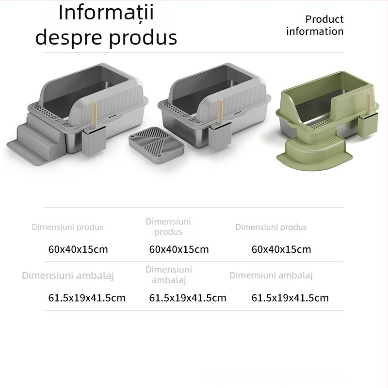 Cutie de nisip pentru pisici din oțel inoxidabil cu lopățică, îngroșată, durabilă, anti-coroziune, design pătrat semi-închis