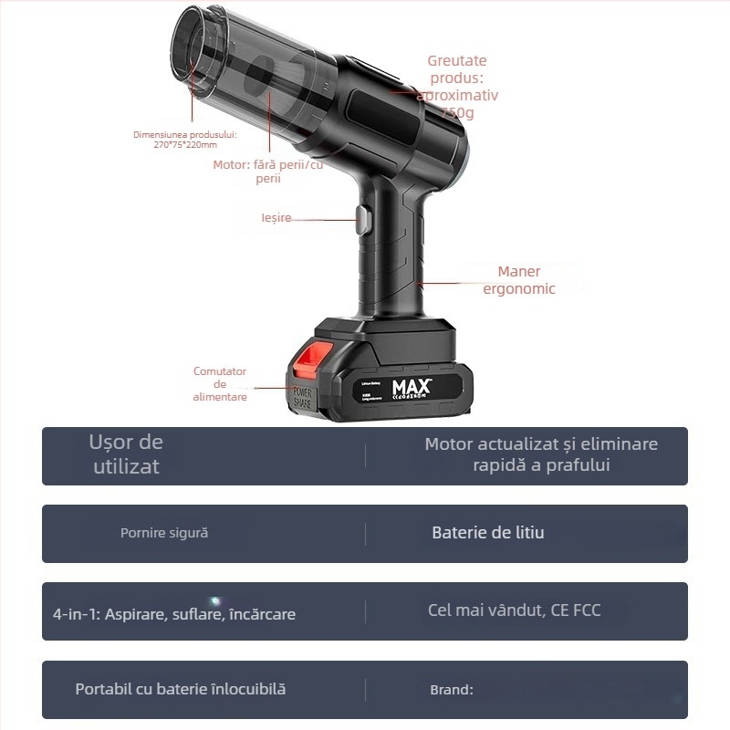Say One aspirator portabil pentru mașină și casă, aspirație 5500 Pa, autonomie baterie 17 minute, fără fir, zgomot 70 dB