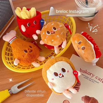 Breloac plușat cu temă desen animat: cartofi prăjiți, burger și mahjong