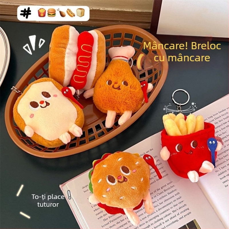 Breloac plușat cu temă desen animat: cartofi prăjiți, burger și mahjong
