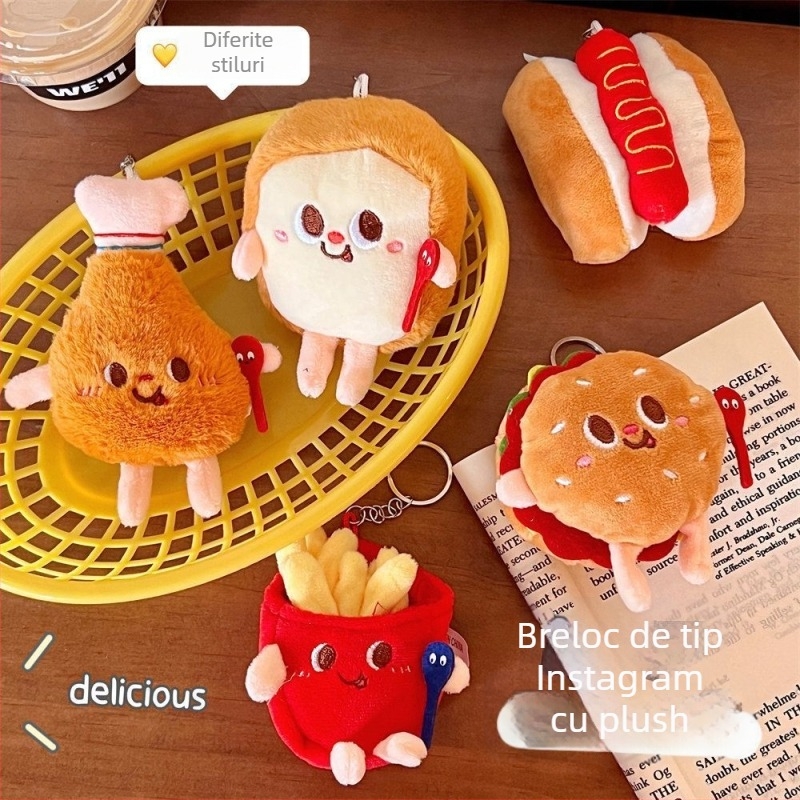 Breloac plușat cu temă desen animat: cartofi prăjiți, burger și mahjong
