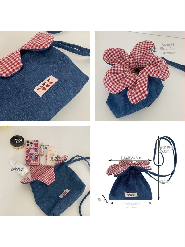 Geantă crossbody din pânză, închidere cu șnur, formă orizontală pătrată, curea de umăr simplă, pentru utilizare zilnică