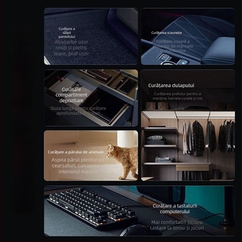 Aspirator fără fir pentru mașină și casă – mâner, 50W, aspirație 15,1–20 kPa, baterie încorporată 1001–1600 mAh, până la 3 ore de funcționare, zgomot <36 dB, include duză ciclonică, perie unghiulară, perie 2‑în‑1 pentru curățare/aspirație, iluminare