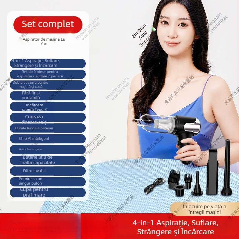 Aspirator fără fir pentru mașină și casă – mâner, 50W, aspirație 15,1–20 kPa, baterie încorporată 1001–1600 mAh, până la 3 ore de funcționare, zgomot <36 dB, include duză ciclonică, perie unghiulară, perie 2‑în‑1 pentru curățare/aspirație, iluminare