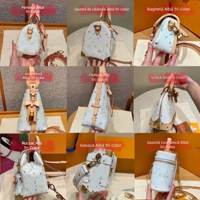 Geantă crossbody din piele naturală — alb tri-color cu stiluri pernă, fluture, găleată și scoică; Material: piele naturală; Caracteristici: primul strat de piele; Căptușeală: nailon; Închidere: fermoar; Formă: pătrat orizontal; Buzunare interioare: buzunar