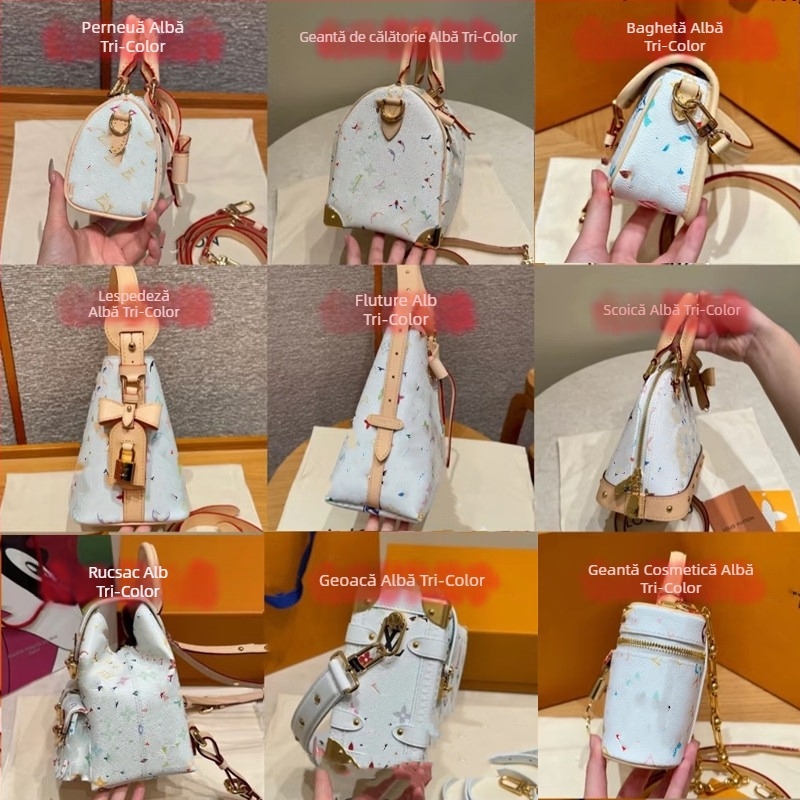 Geantă crossbody din piele naturală — alb tri-color cu stiluri pernă, fluture, găleată și scoică; Material: piele naturală; Caracteristici: primul strat de piele; Căptușeală: nailon; Închidere: fermoar; Formă: pătrat orizontal; Buzunare interioare: buzunar