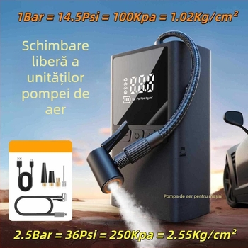 Pompă portabilă pentru pneuri 12V, reîncărcabilă, 100W, cu LCD digital, design multi cilindru, pentru mașini, motociclete și biciclete