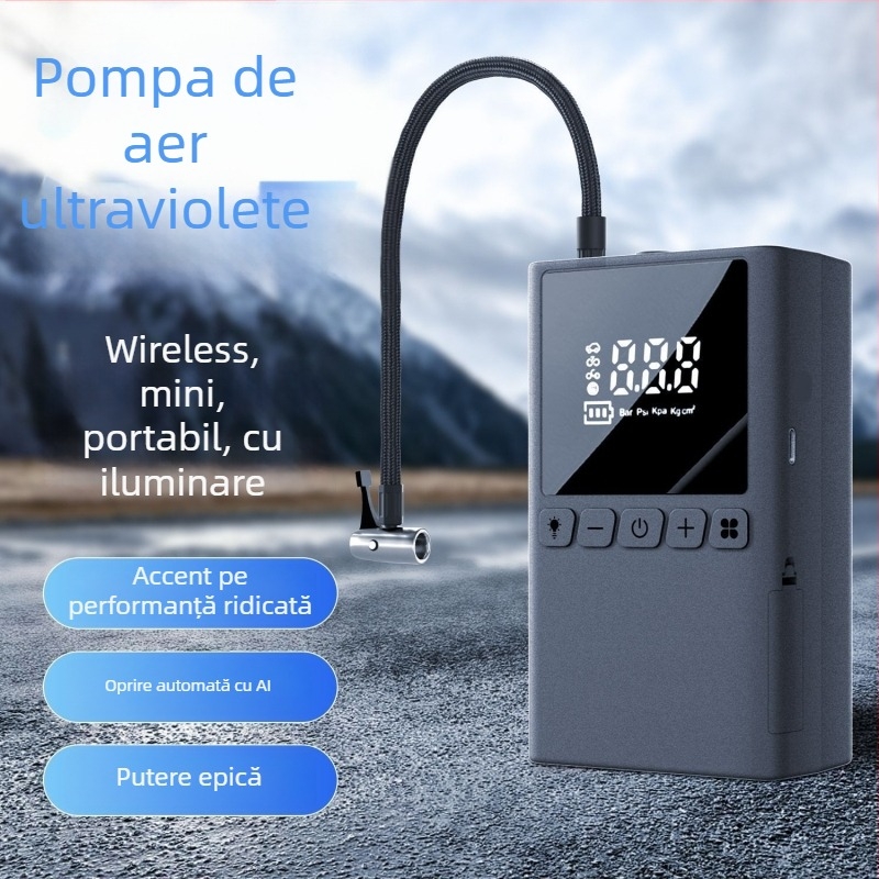 Pompă portabilă pentru pneuri 12V, reîncărcabilă, 100W, cu LCD digital, design multi cilindru, pentru mașini, motociclete și biciclete
