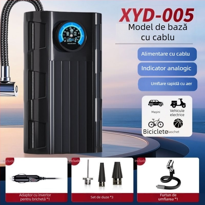 Pompă portabilă pentru pneuri 12V, reîncărcabilă, 100W, cu LCD digital, design multi cilindru, pentru mașini, motociclete și biciclete