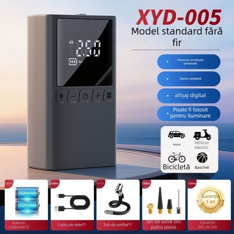 Pompă portabilă pentru pneuri 12V, reîncărcabilă, 100W, cu LCD digital, design multi cilindru, pentru mașini, motociclete și biciclete
