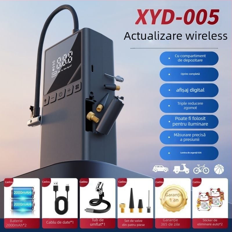 Pompă portabilă pentru pneuri 12V, reîncărcabilă, 100W, cu LCD digital, design multi cilindru, pentru mașini, motociclete și biciclete