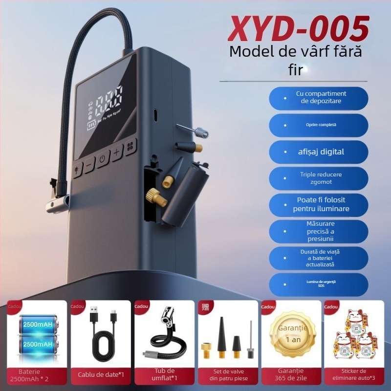 Pompă portabilă pentru pneuri 12V, reîncărcabilă, 100W, cu LCD digital, design multi cilindru, pentru mașini, motociclete și biciclete