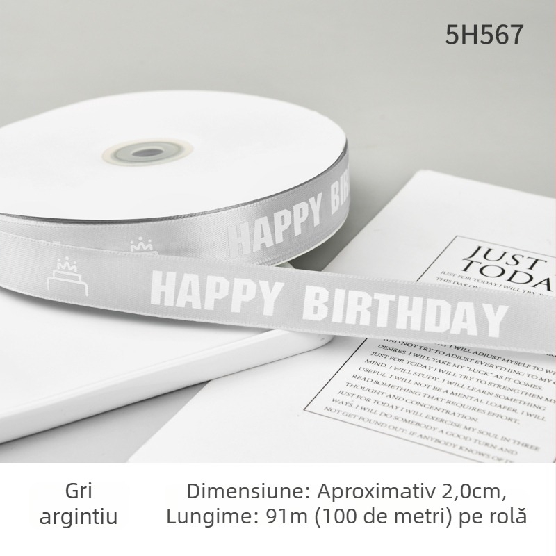 Panglică poliester pentru ambalare cadouri și torturi, cu motiv de ziua de naștere — panglică decorativă; (Material: poliester; Brand: Boming webbing; Aplicații: ambalare cadouri, ambalare tort, panglică decorativă)
