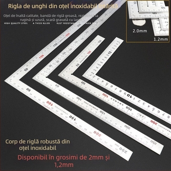 Riglă din oțel inoxidabil, unghi drept, placă în formă de L, îngroșată, precizie de 90°