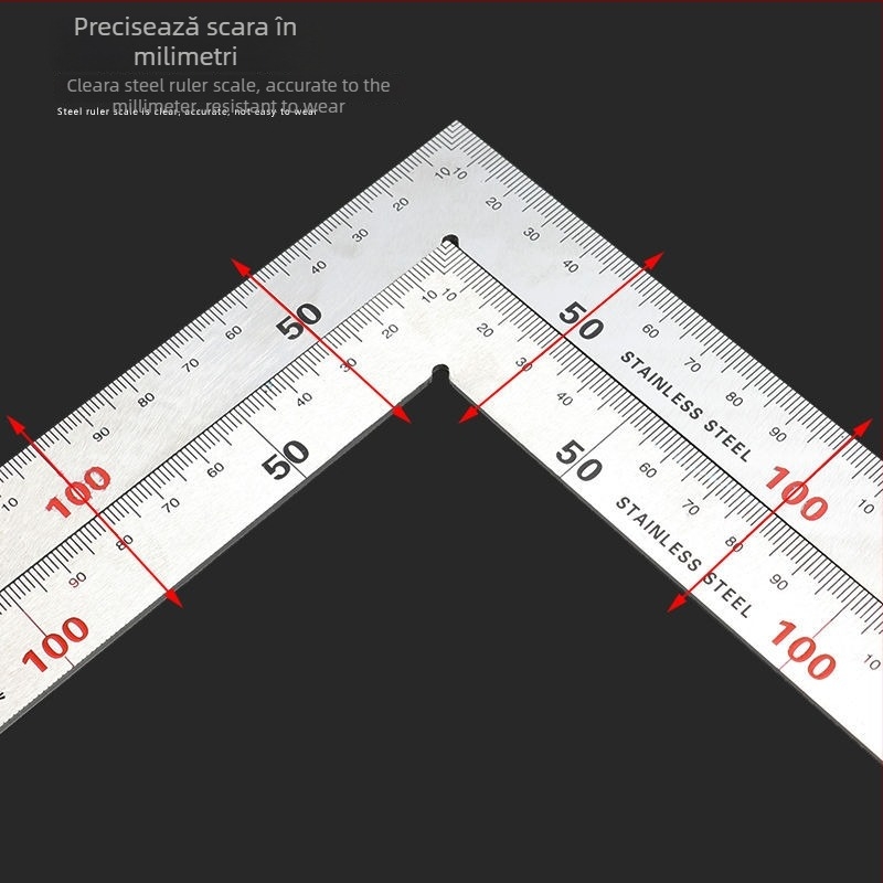 Riglă din oțel inoxidabil, unghi drept, placă în formă de L, îngroșată, precizie de 90°