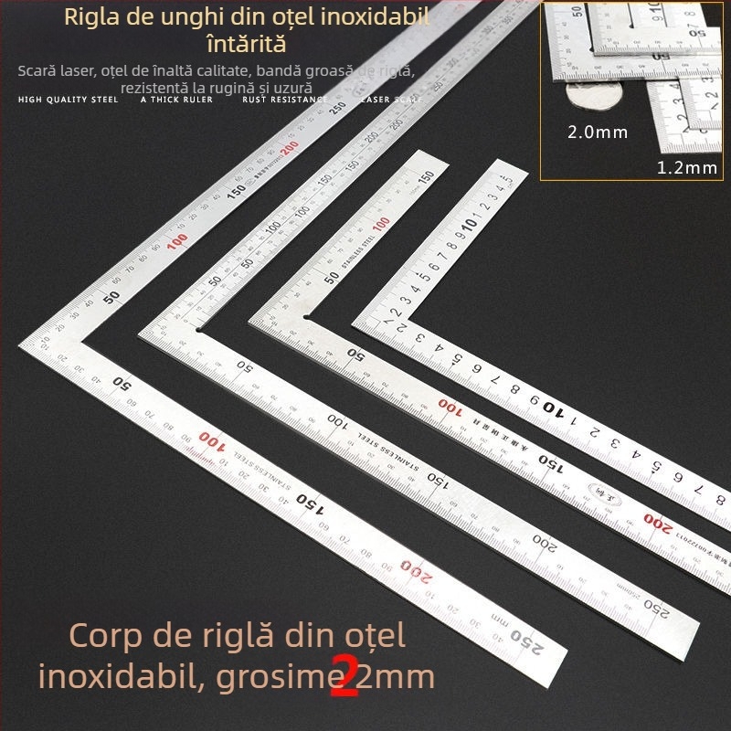 Riglă din oțel inoxidabil, unghi drept, placă în formă de L, îngroșată, precizie de 90°