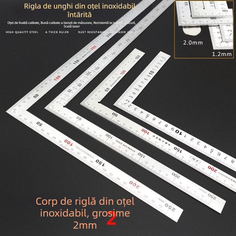 Riglă din oțel inoxidabil, unghi drept, placă în formă de L, îngroșată, precizie de 90°