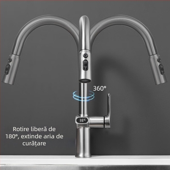 Robinet de bucătărie retractabil, corp din aliaj de cupru, ventile cu disc ceramic, montaj pe bază, stil modern minimalist