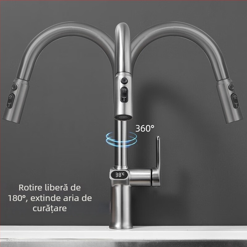 Robinet de bucătărie retractabil, corp din aliaj de cupru, ventile cu disc ceramic, montaj pe bază, stil modern minimalist