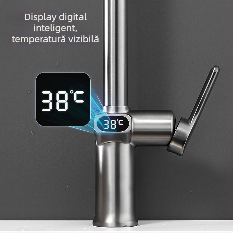 Robinet de bucătărie retractabil, corp din aliaj de cupru, ventile cu disc ceramic, montaj pe bază, stil modern minimalist